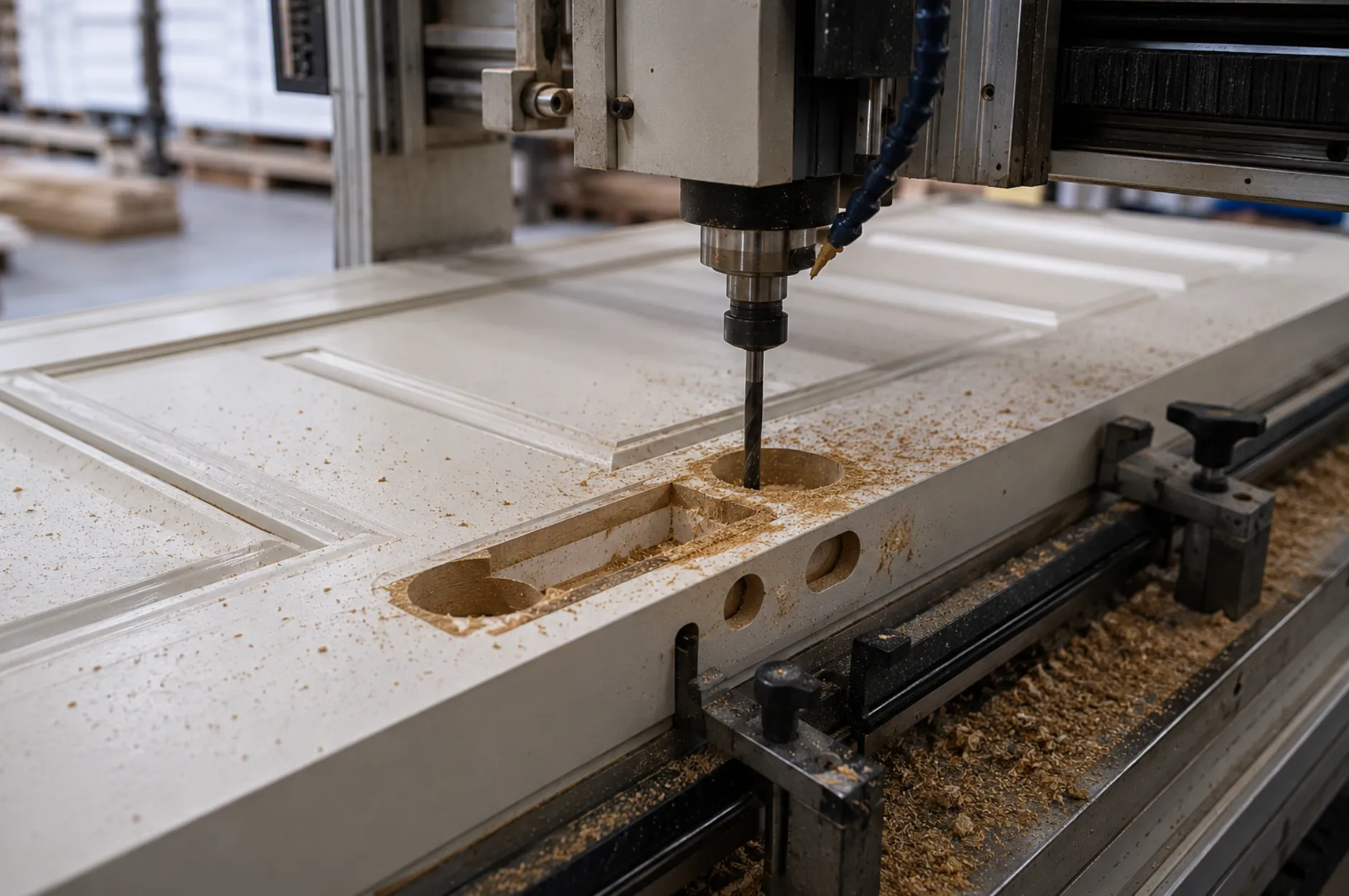 CNC machining a door for hinge and lock hardware at 67 Supply Co.