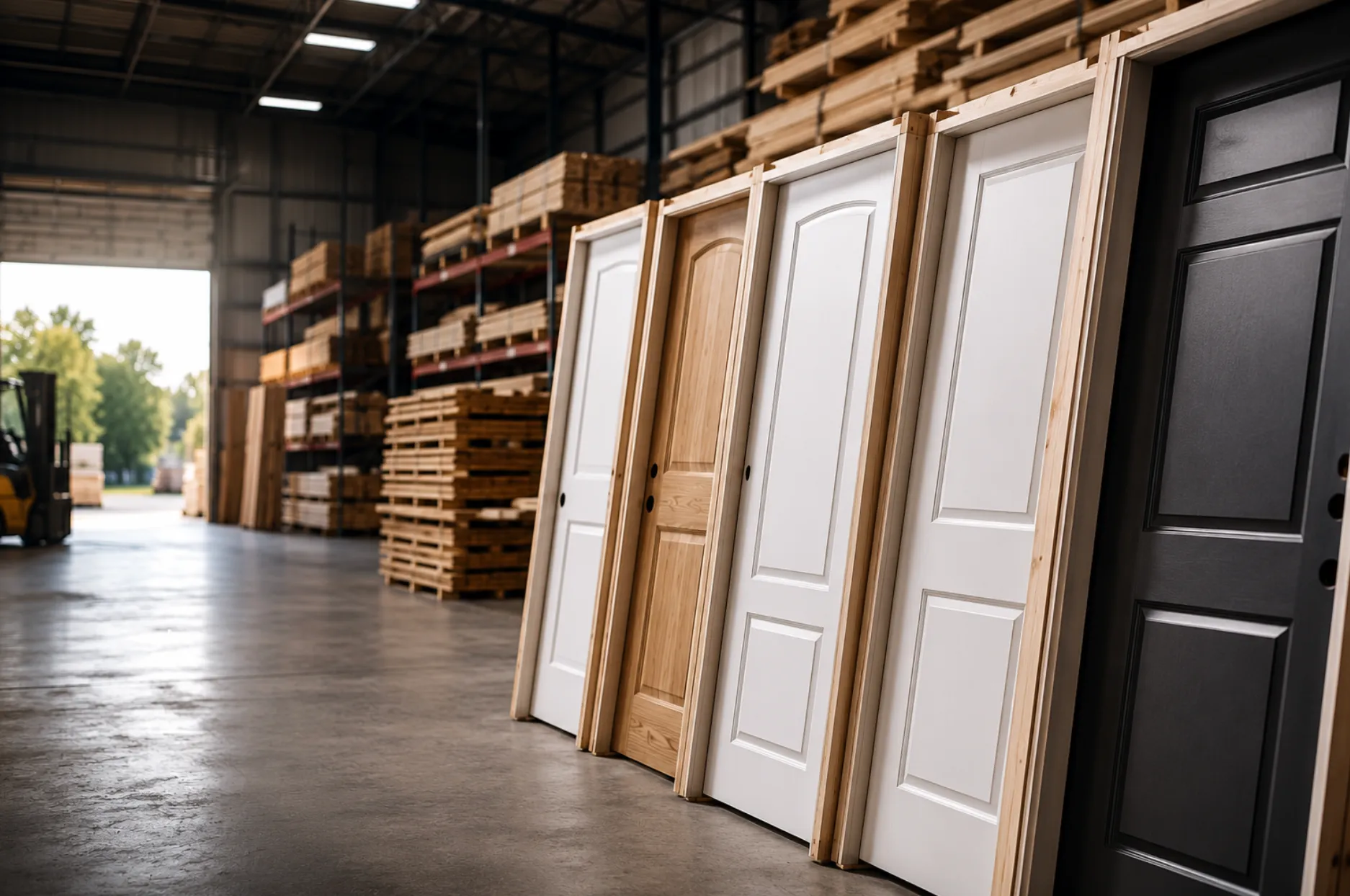 Rows of prepped interior and exterior doors staged in the 67 Supply Co. warehouse, ready for install