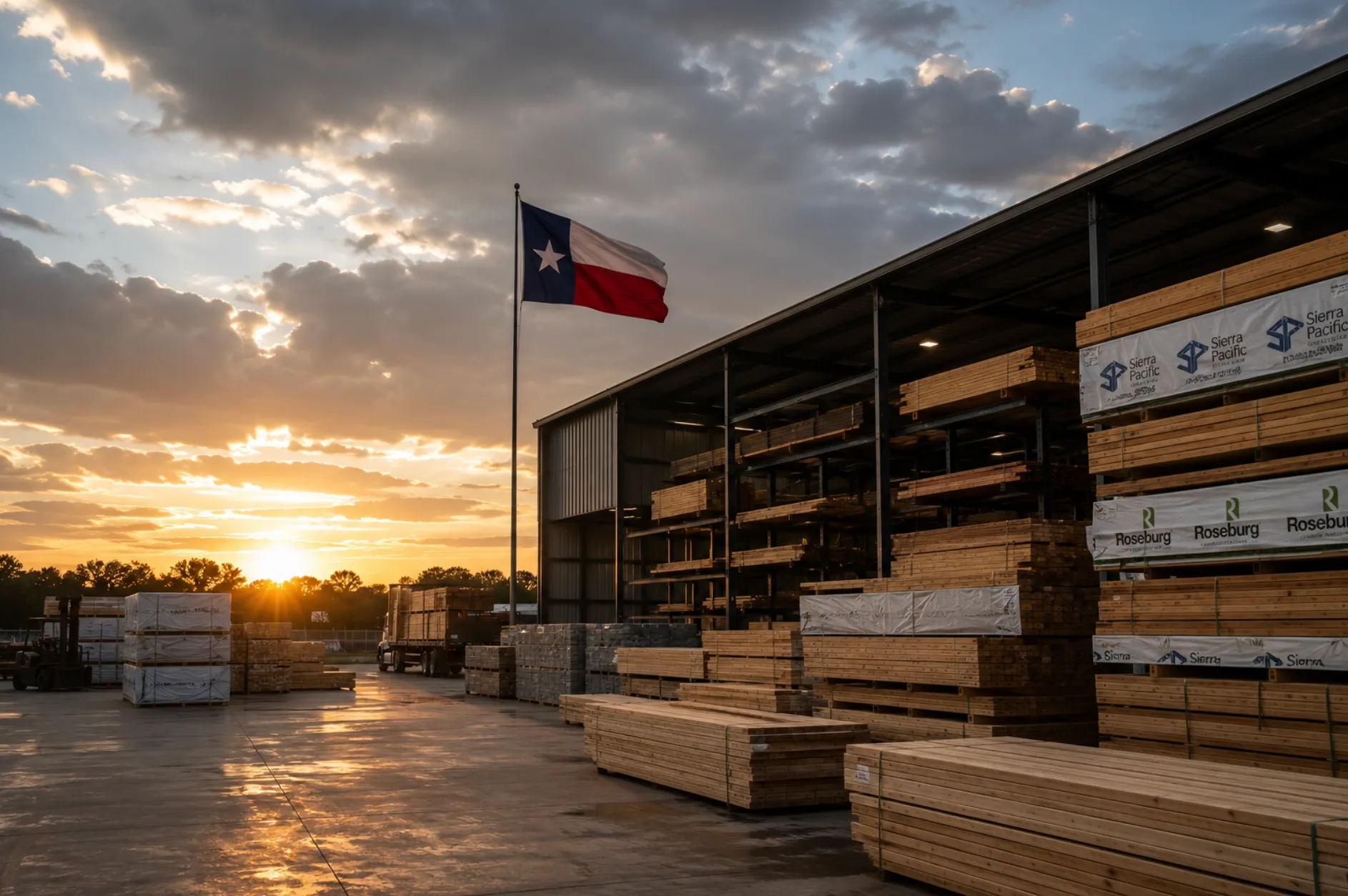 67 Supply Co. distribution yard at sunset, stacked lumber and building materials beneath a Texas flag