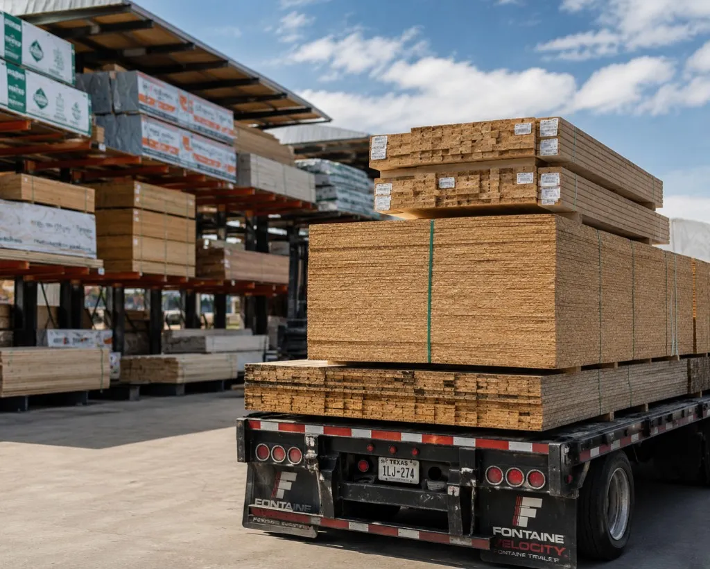 Flatbed trailer loaded with building materials at a 67 Supply Co. yard, with lumber racks in the background
