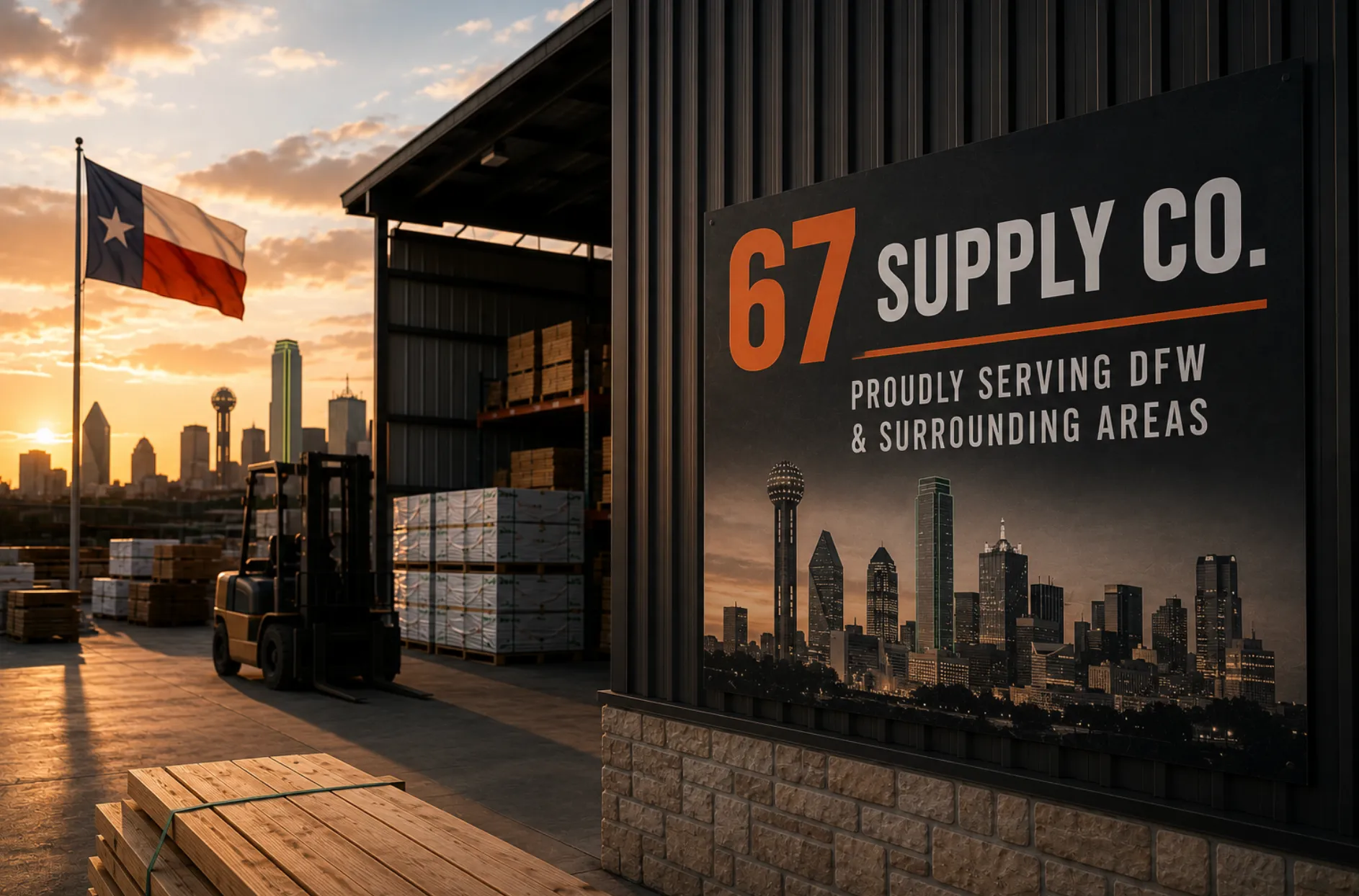 67 Supply Co. yard signage with the Dallas skyline, proudly serving DFW and surrounding areas