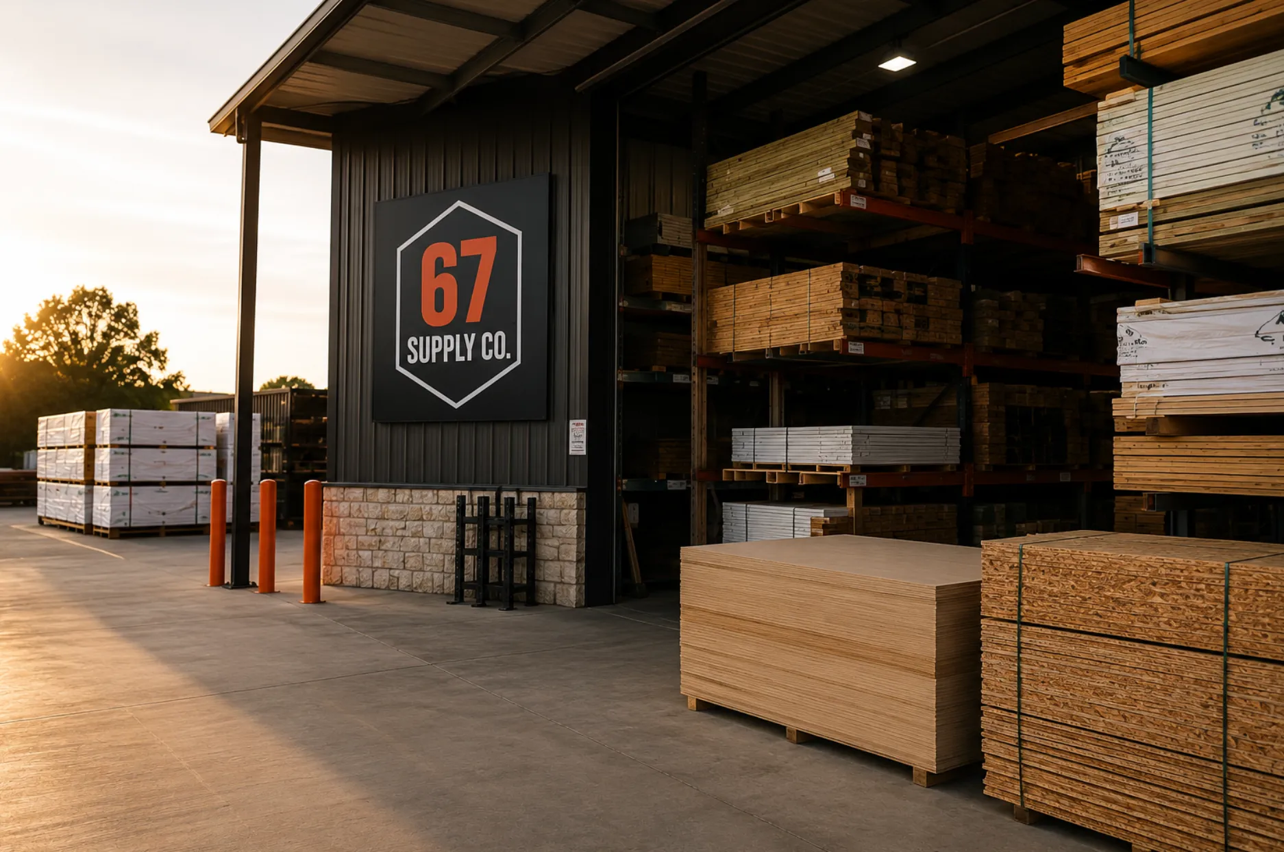 67 Supply Co. yard signage beside racked lumber, plywood, and OSB inventory